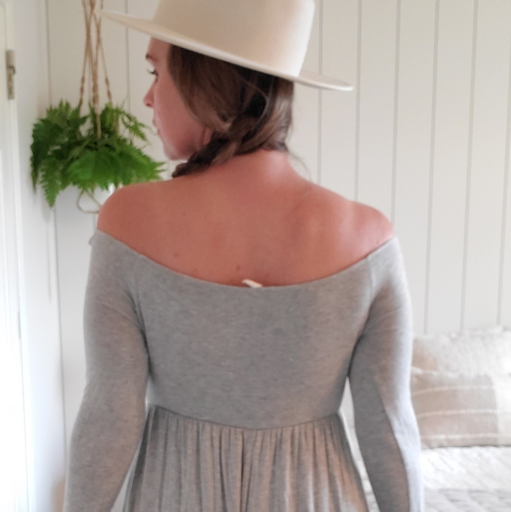 Pink blush long sleeve gray flowy maxi dress